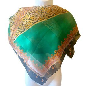 Silk Scarf Bill Blass Vintage 80s Jewel Tones Black Copper Gold Emerald Green